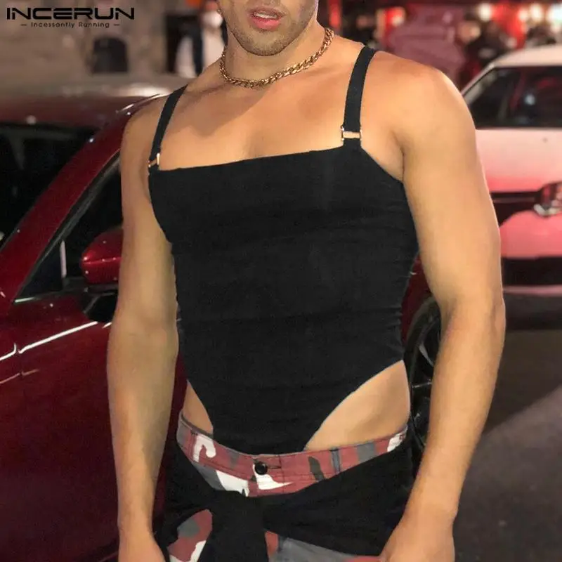 

2023 Men Bodysuits Solid Color Sexy Sleeveless Straps Tank Tops Rompers Fitness Summer Fashion Cozy Male Bodysuits S-2XL INCERUN
