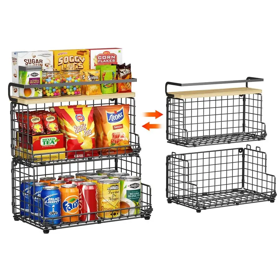 

3Tier Stackable Snack Organizer with Pine Wood TopTrapezoid Metal Wire Basket, Countertop amp Wall Mounted Snack Holder for Kitc