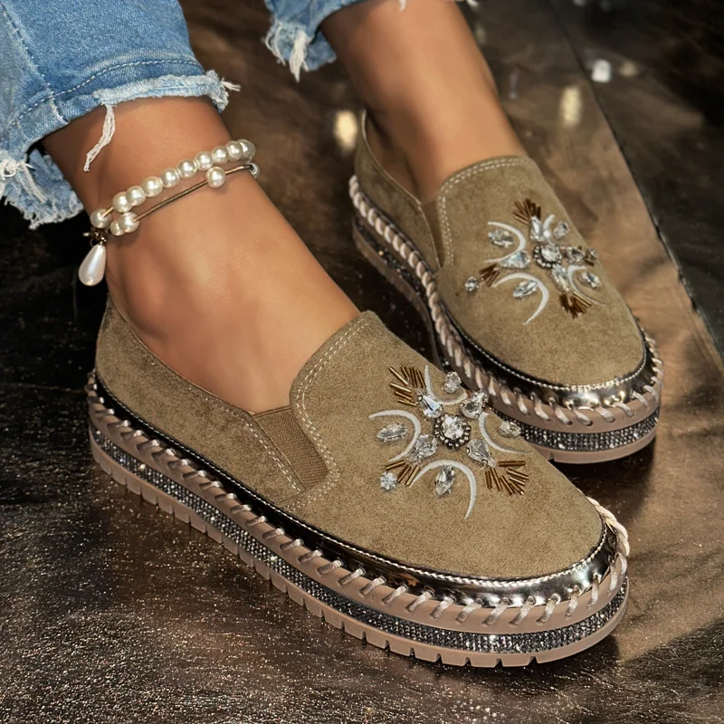 

2026 New Shiny Rhinestone Loafers Women's Thick Soled Bow Muffin Bottom Cover Foot Single Shoe Fashionable and Casual Flat Shoes