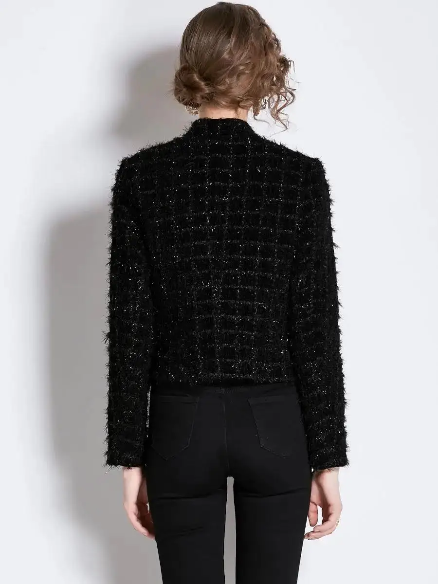 Women Black Tweed Short Cardigan Slim Outwear Jacket Top Autumn Winter New Metal Double Breasted Tassel Bright Silk Wool Coat