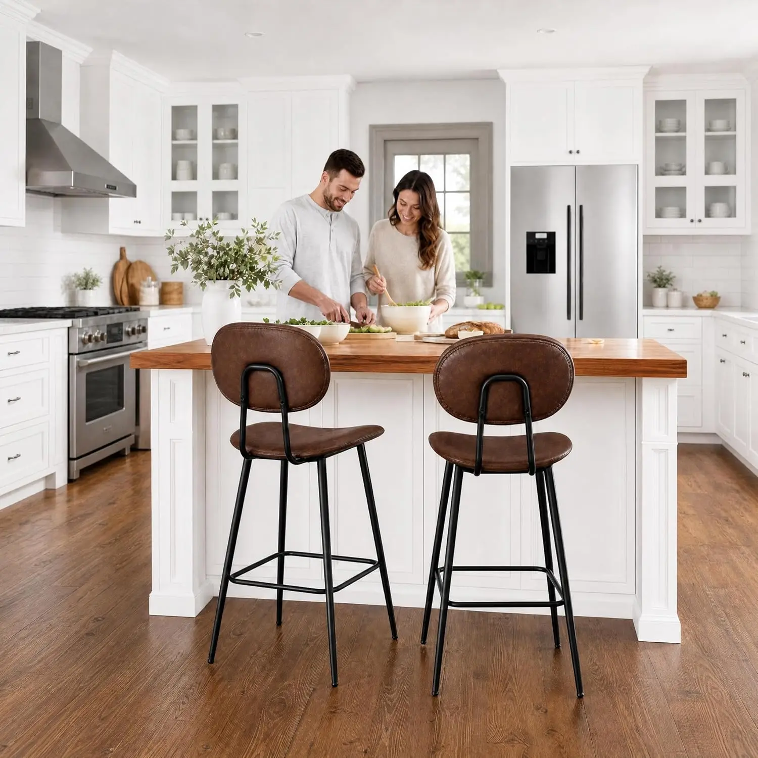Counter Height Bar Stools Set Of 2, 43 Inch Faux Leather Chairs With High Back And Footrest, Metal Kitchen Island Seating
