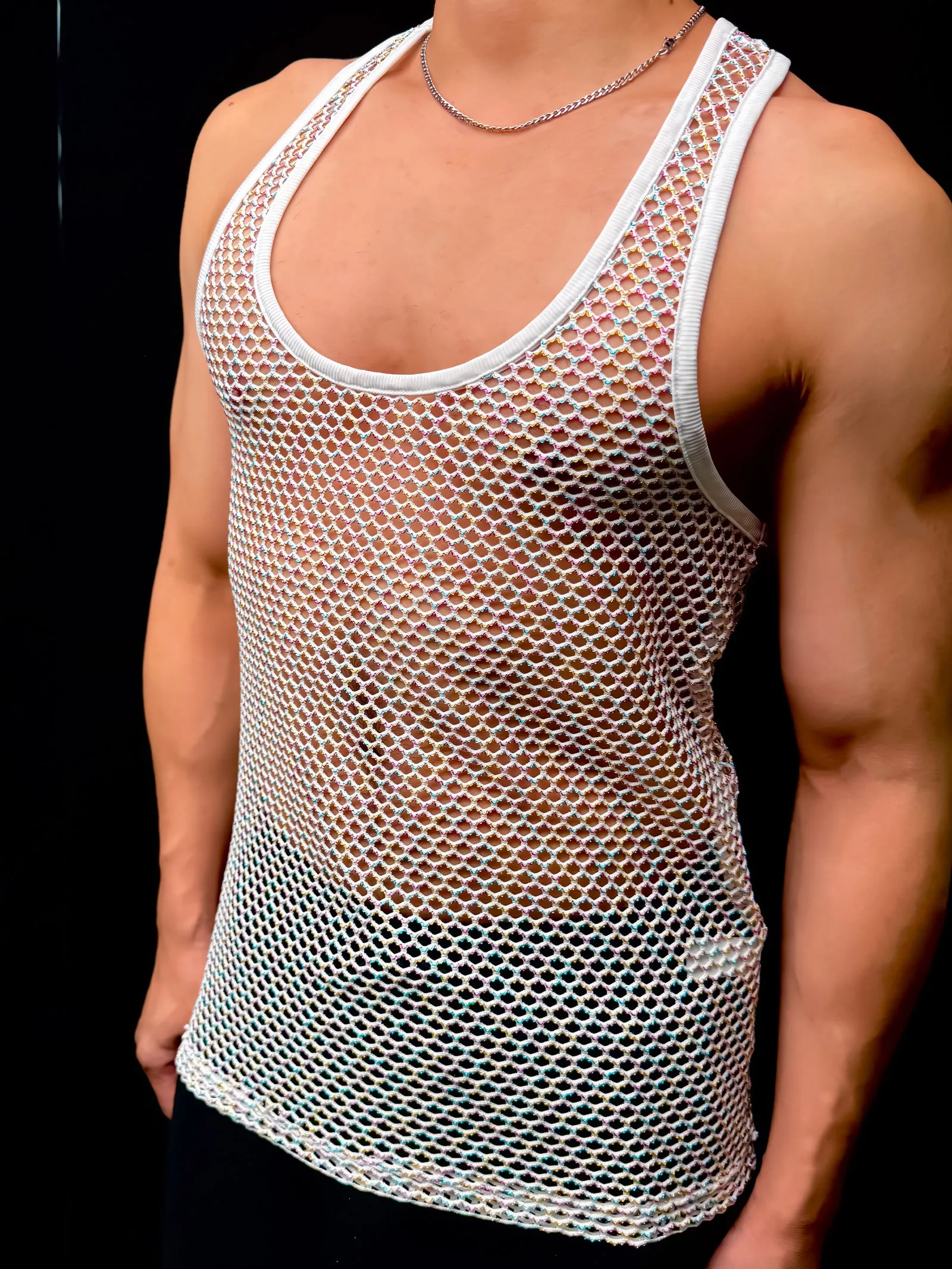 Sommer Herren Casual Mesh Netz Tanktop Racerback Ärmelloses Shirt Muskel-Sportweste Bunte Linien Glänzend Transparent Party Alltagskleidung – Detail 16