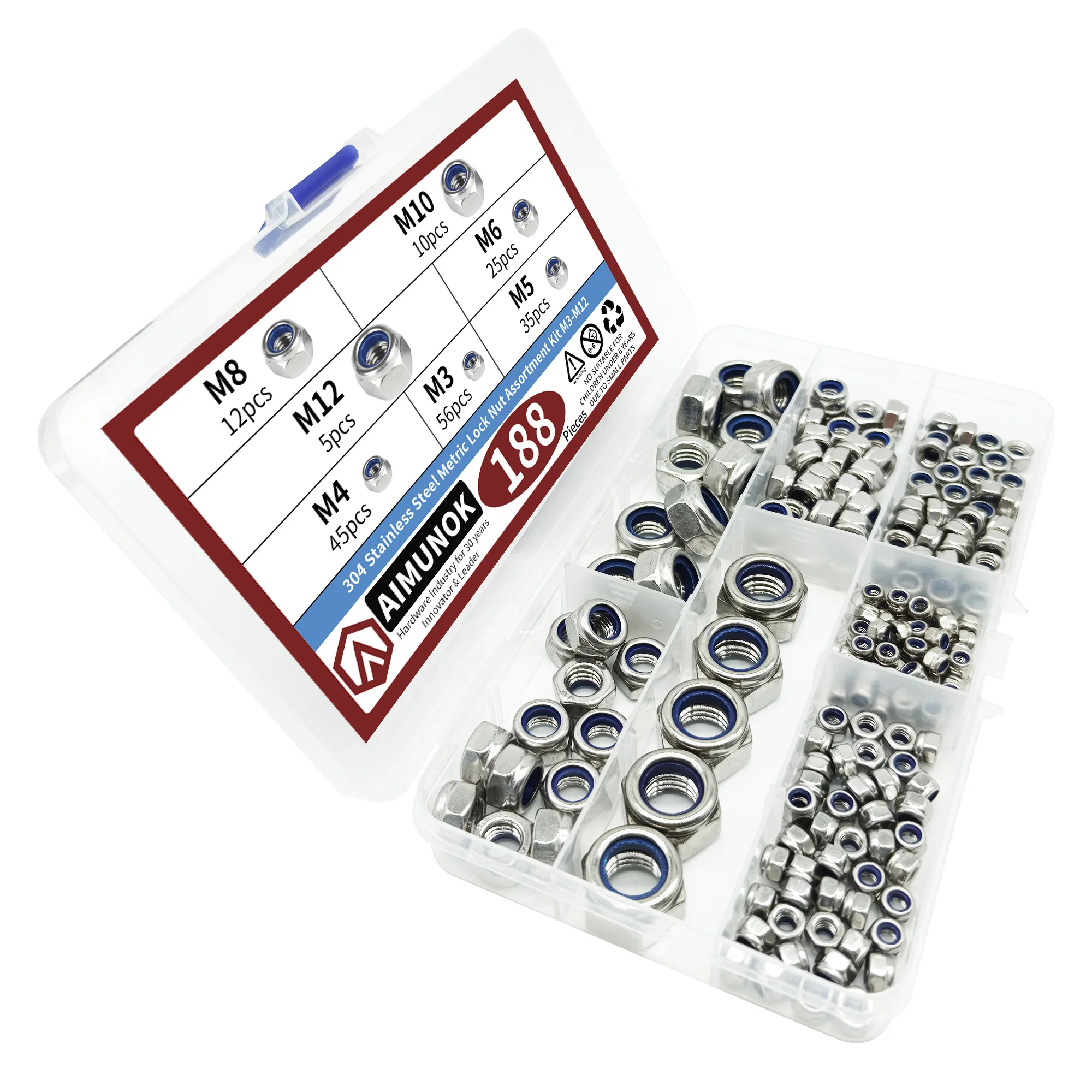 188pcs 304 Stainless Steel Metric Lock Nut Assortment kit M3-M12 Fasteners Tools Threaded Insert  Repair Accessories