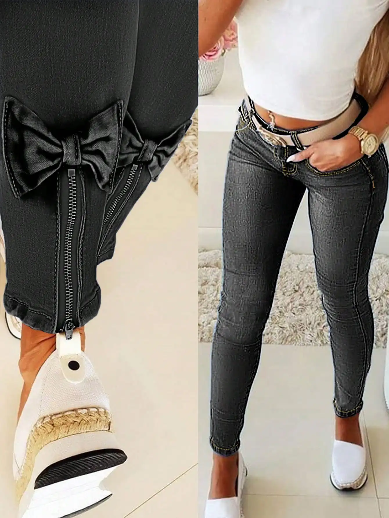 

WGXWGX Women's Trendy Skinny Jeans Bow-Decorated Zipper Ankle Denim Pants Slim-Fit Stretch Trousers for Fashionable Look