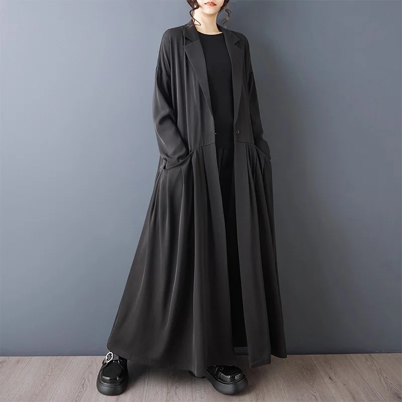 Fashionable Casual Streetwear Windbreaker Dress Long Style Loose Trench Coat Suit Collar for Spring Autumn Office Wear W1758