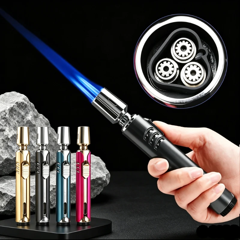 High Power Triple Jet Torch Lighter, Metal Inflatable Butane Spray Gun Lighter, Windproof Survival Fire Tool for Camping & BBQ