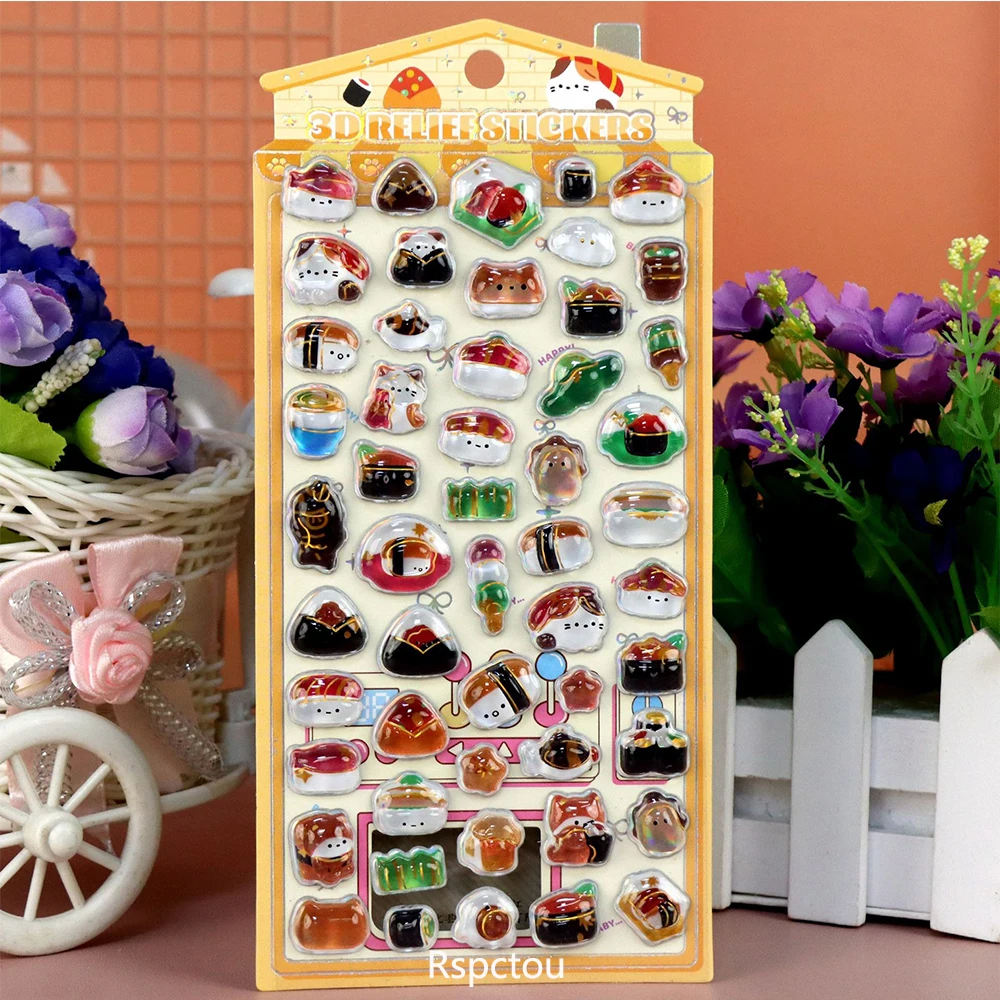 

1pcs Funny Cute Marine Animal Food 3D Relief Stickers Kawaii Cartoon Bear Bunny Embossed Crystal Decals DIY Laptop Phone Sticker