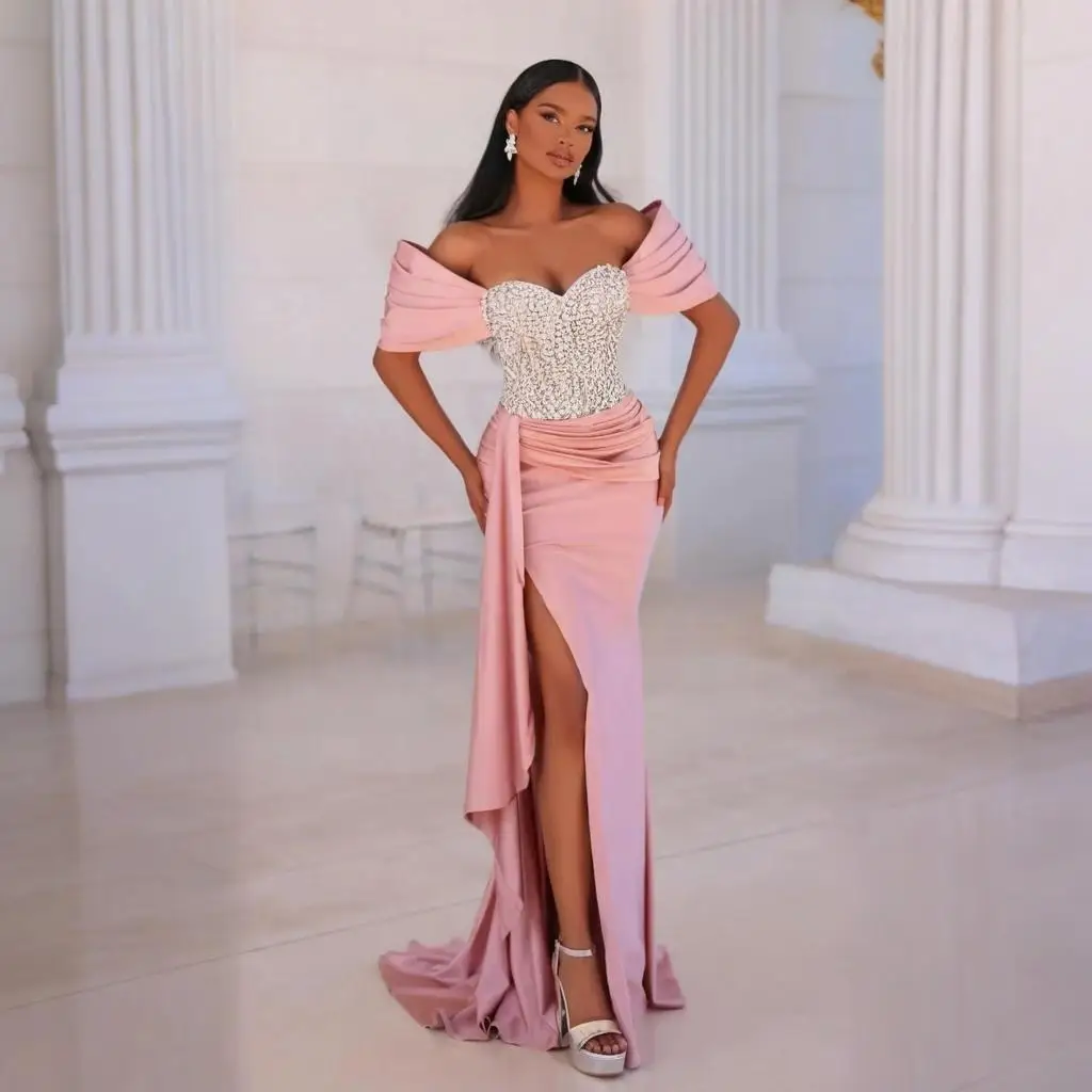 

Off the Shoulder Mermaid Pink Evening Dresses Beaded Shiny Crystal formal dress women elegant 2025 Backless Prom Dresses