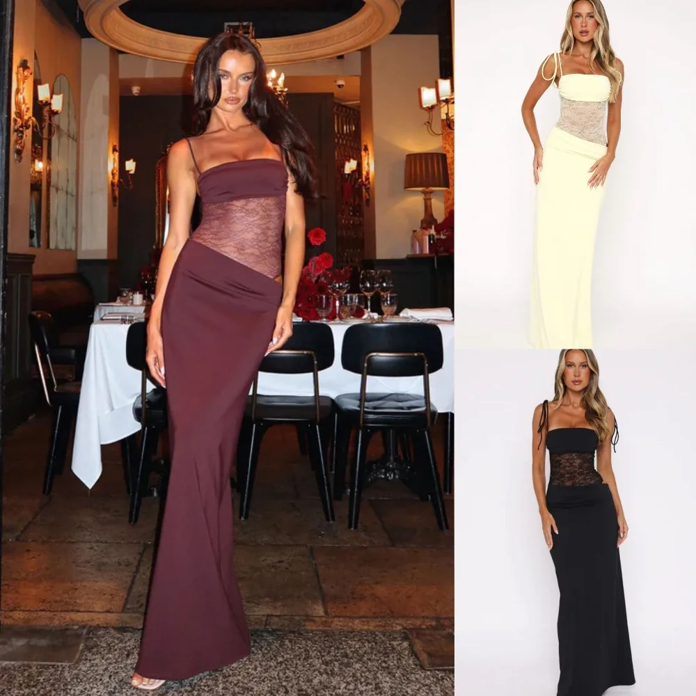 Elegant Black Lace Insert Maxi Dress for Women 2026 Summer Sleeveless Spaghetti Strap Bodycon Long Formal Evening Party Gown