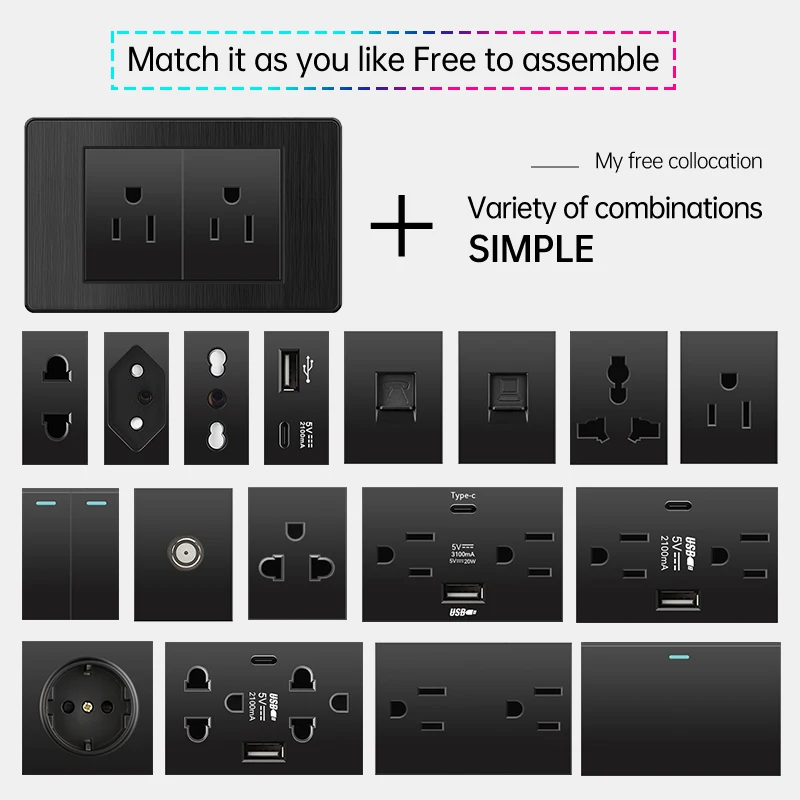 PSSRISE Fireproof PC Brushed American Mexico Standard Socket with 1Gang Switch USB Type C 2100mA Fast charging Wall Power Outlet