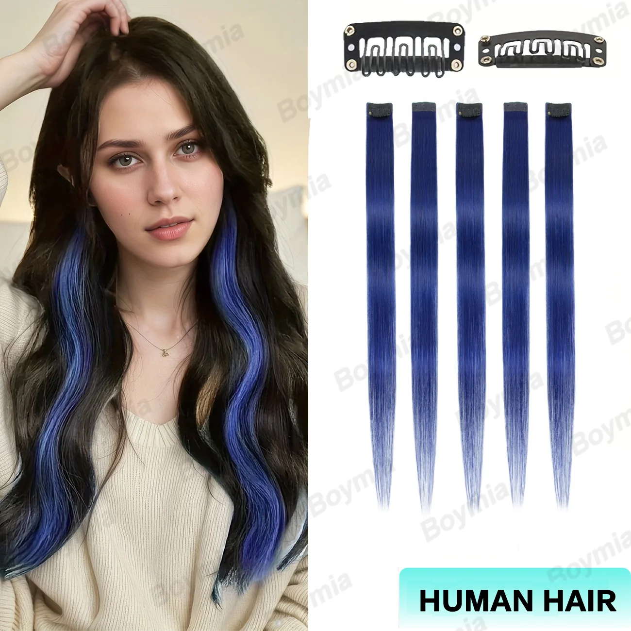 5Pcs Colored Hair Extensions Clip in Human Hair Hairpiece Streak for Girls Women Rainbow-colors Party Highlights Cosplay Party