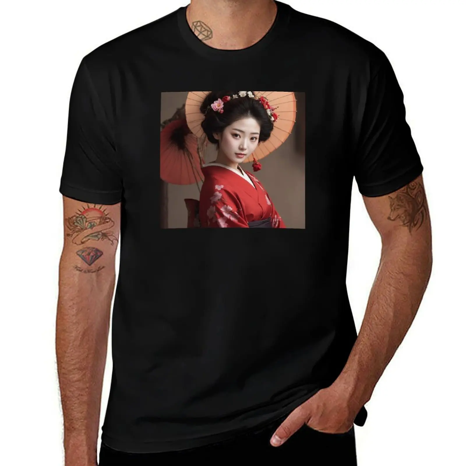 Smiling Geisha Blossom: Serenity in Bloom T-Shirt Thanksgiving Casual Tee T-Shirt