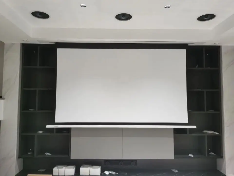 

84 Inch Ceiling-Recessed Electric Tab-Tensioned Projection Screen With Cinema White Fabric For long Throw projector