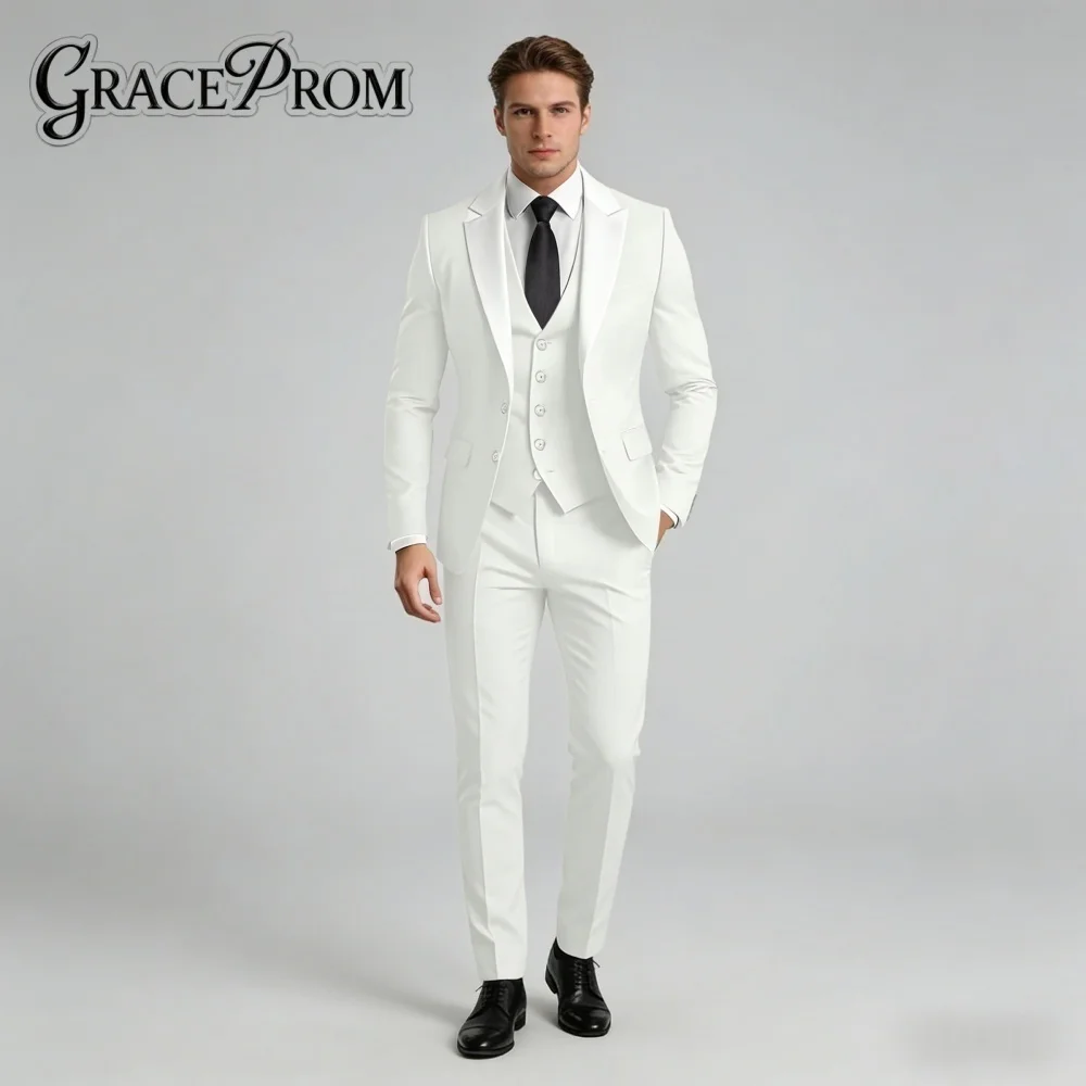 Refined White Notched Lapel For Men Wedding Formal 3PCS Suit Groom Suit Set Jacket Vest Pants Wedding Occasion Customized
