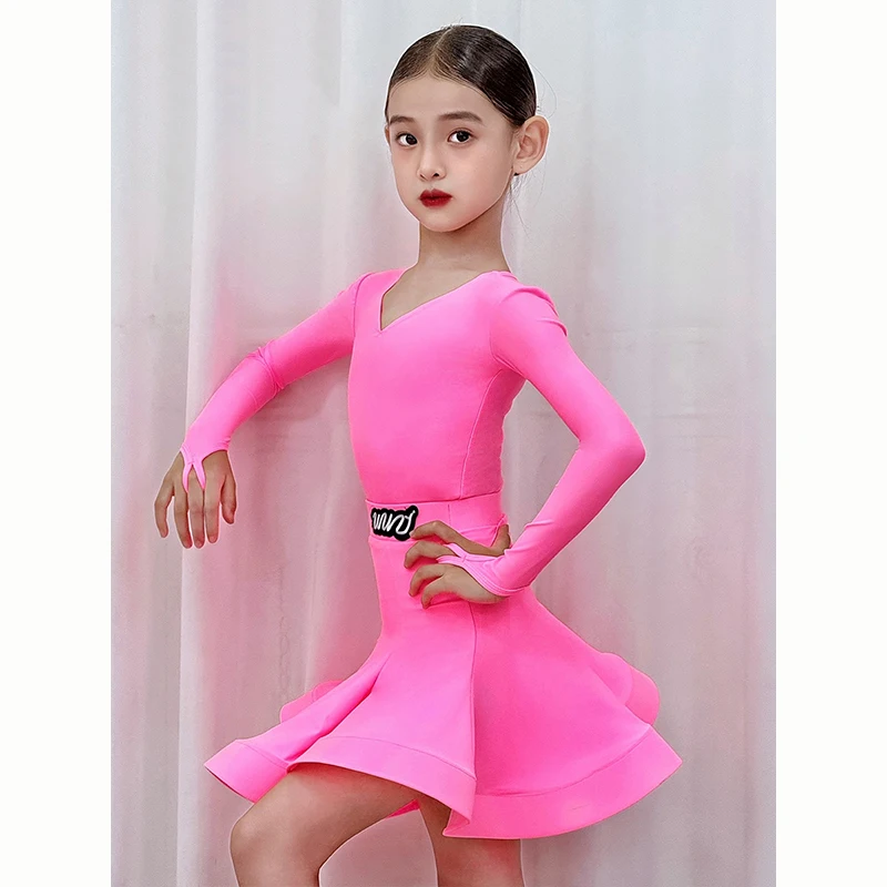 2025 어린이 라틴 댄스 대회 의상 소녀 긴 소매 드레스 차차 룸바 삼바 댄스 연습 훈련 드레스 DNV24831