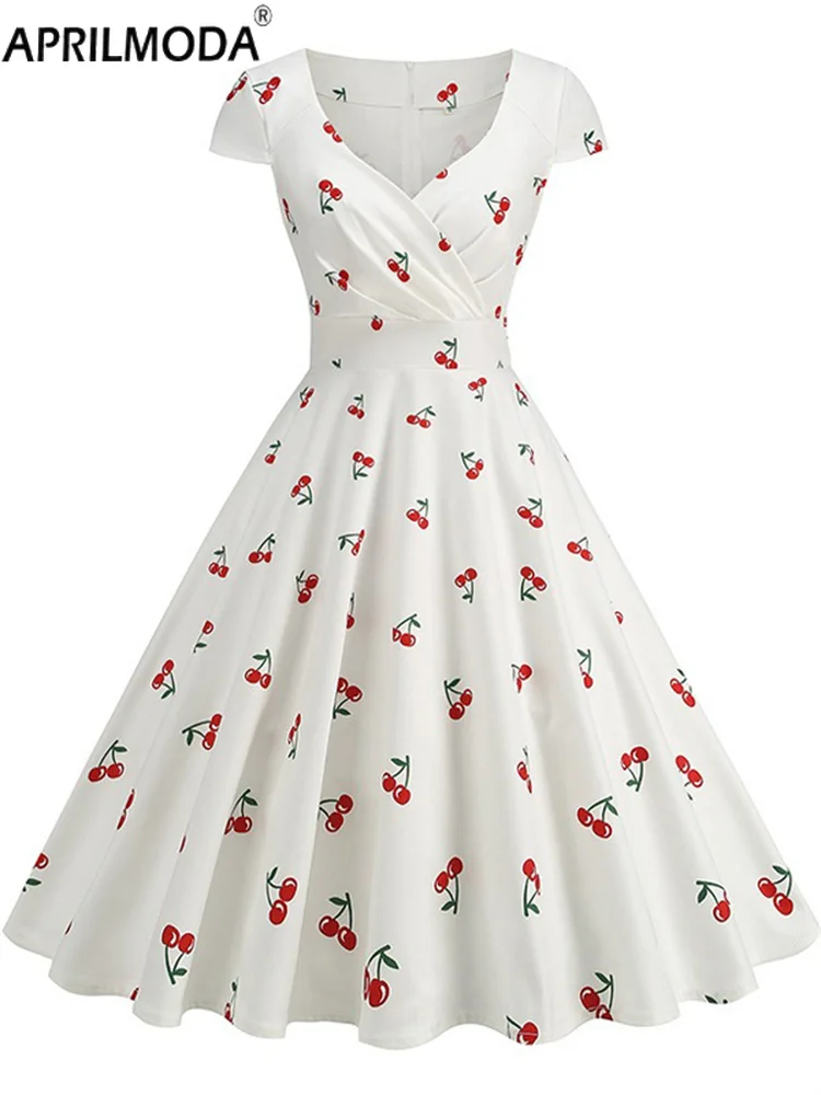 夏レトロヘップバーンスタイル 1950 年代 60 年代フレアカジュアルドレスレモンローズチェリープリント白黒ヴィンテージミディロング滑走路パーティードレス