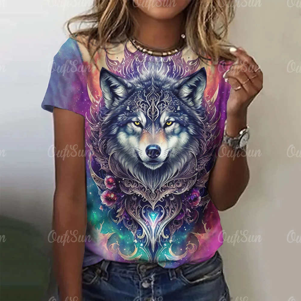 New T-shirt For Women Wolf Print Tees O Neck Loose Short Sleeve Blouse Female Fashion Animal Graphic Tops Harajuku Streetwear