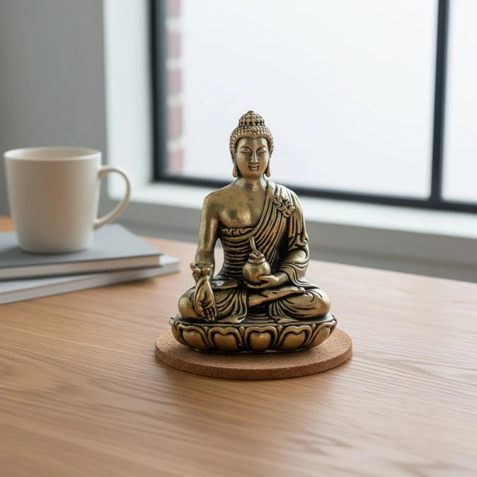 Brass Therapeutic Buddha Statue Artisanal Seated Buddha Sculpture on Lotus Base Home Decoration Vintage Design for Buddhists