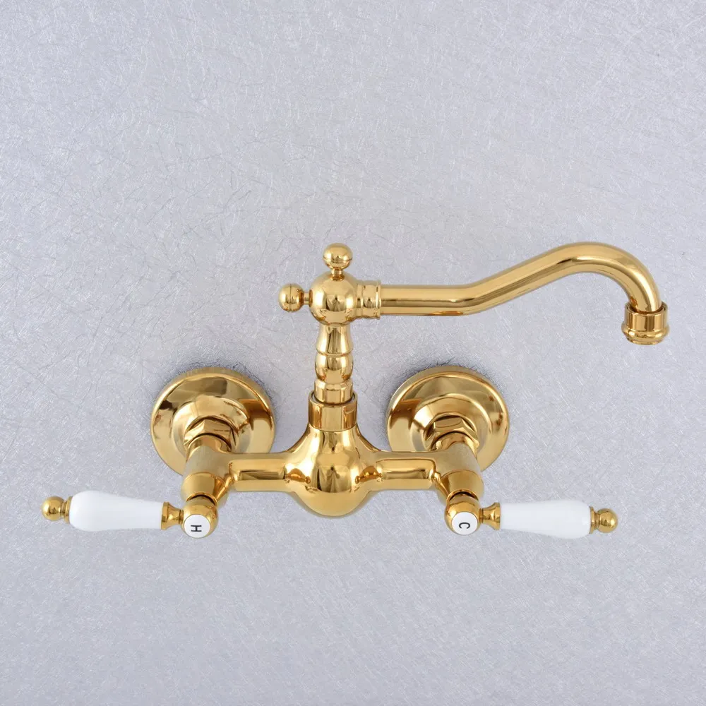 

Полированный латунный смеситель для раковины в ванной/кухне, золотистого цвета, с поворотным изливом, настенный, с двумя керамическими ручками, msf615