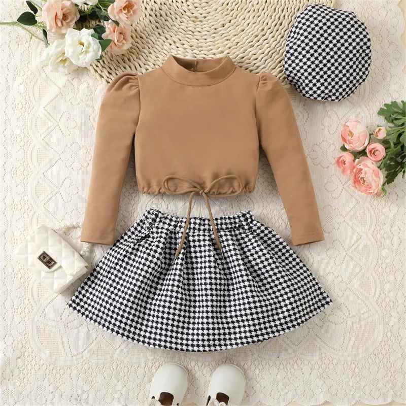 2-6Y Kid Girl Fall 3Pcs Outfit Long Sleeve Mock Neck Drawstring Tops Houndstooth A-Line Skirt Beret Set Elegant Clothes