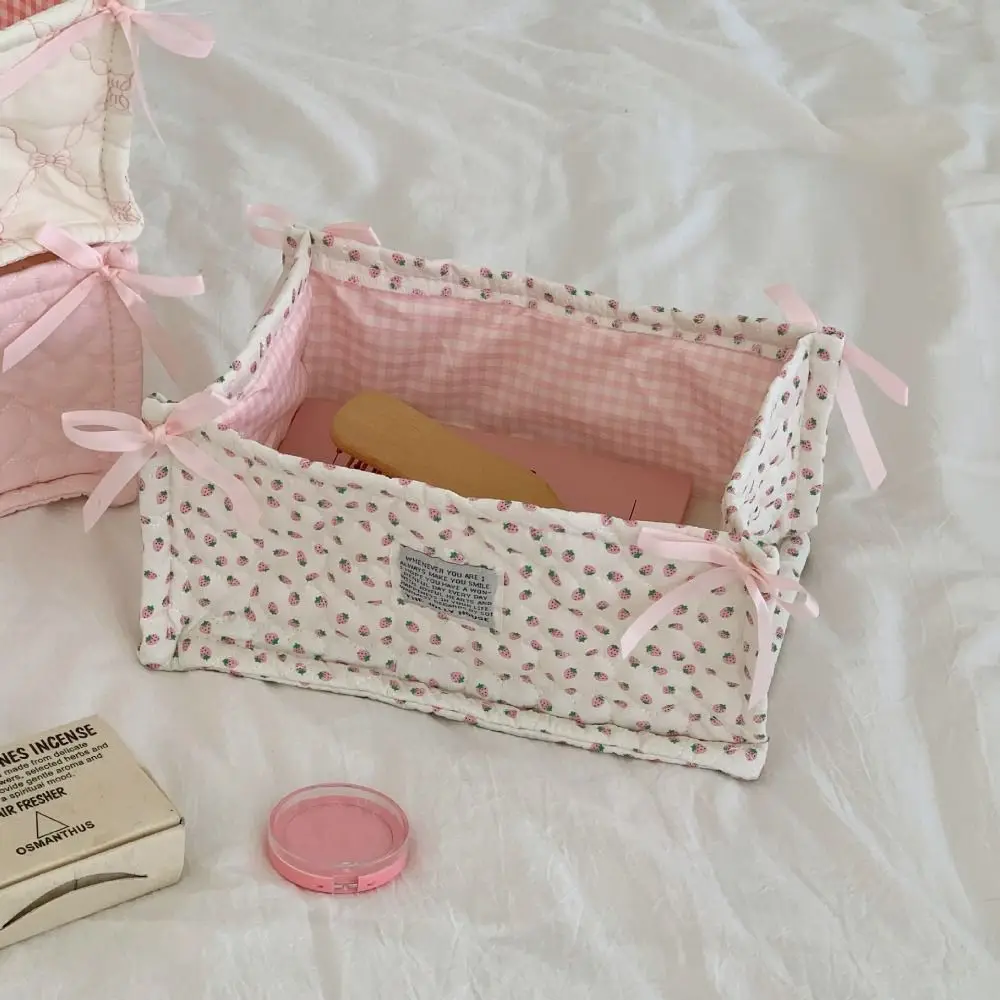 Quilted Storage Basket Square Strawberry Pattern Storage Box Large Capacity Cotton Cosmetics Snacks Organizer Home Decoration