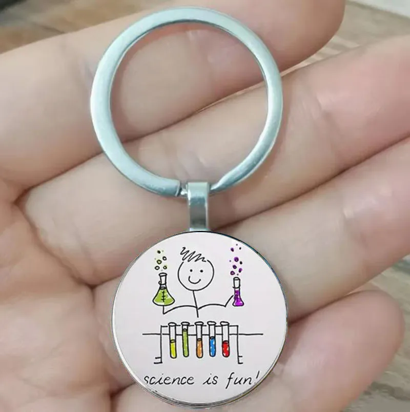 Cute and interesting chemical pattern silver circular keychain, Teacher's Day gift