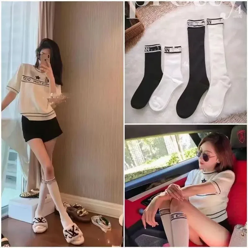 Женские сетчатые носки до середины икры с надписью D, дышащие тонкие носки знаменитостей, же белые, черные пары