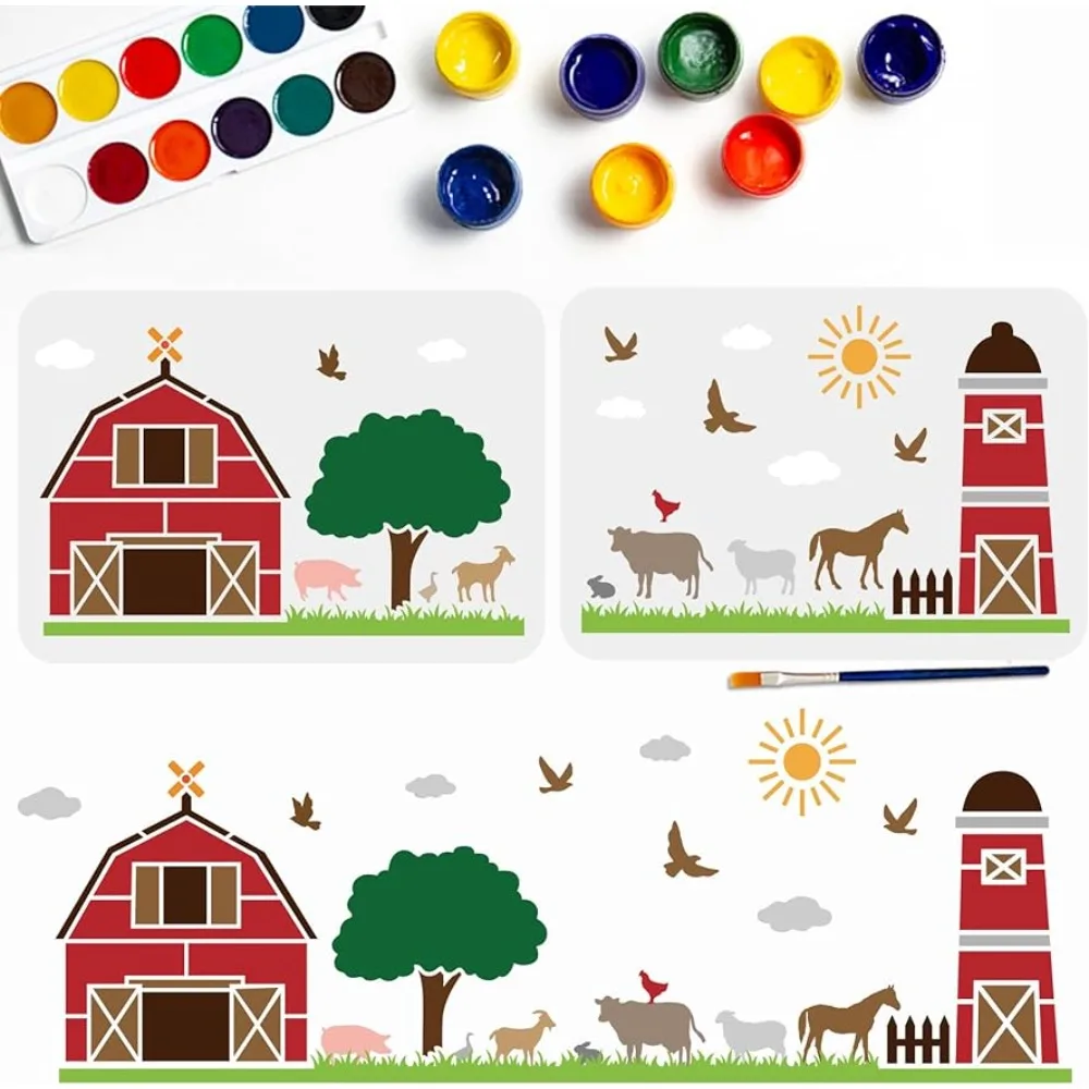 Farmhouse Stencils 22.4×7.9inch Splicing Style Large Farm Theme Stencils with Paint Brush Cow Sheep Horse Chicken Pig Bird Farm