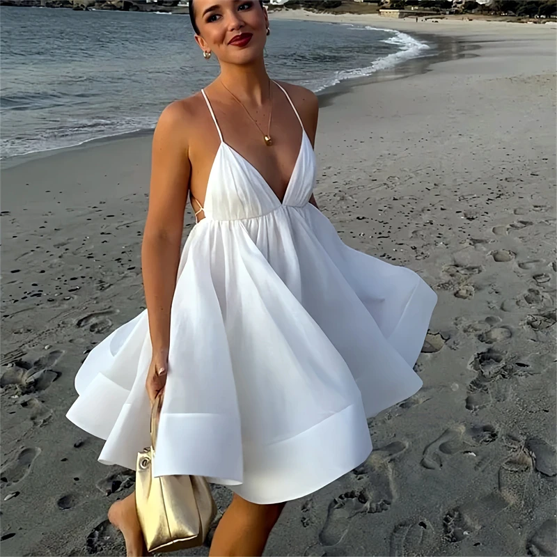 

Summer French Backless Deep V Spaghetti Strap Vacation Dress High Waist Flowy Puffy Skirt Beach Party Gown Prom Dresses New 2026