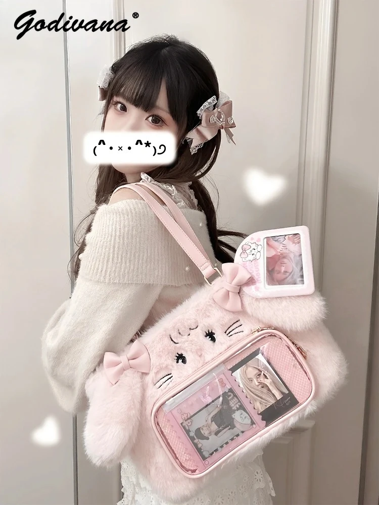 Original New Winter Sweet Girls Cute Rabbit Cat Plush Ita Bag Large Capacity Women's Protable Shoulder Bags Totes Backpacks