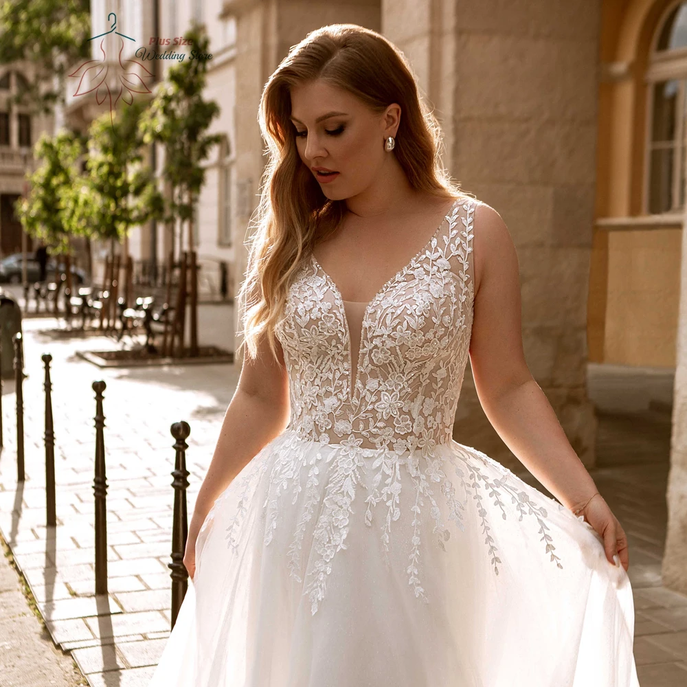 

Classic A-Line Wedding Dresses Plus Size V Neck Sleeveless Bride Gowns Appliques Sequined Floor Length Tulle Robe De Mariee 2024