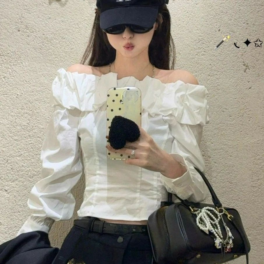 

French Off Shoulder Long Sleeved Shirt Women's Autumn New Cinched Waist Slimming Chic White Top Shirts