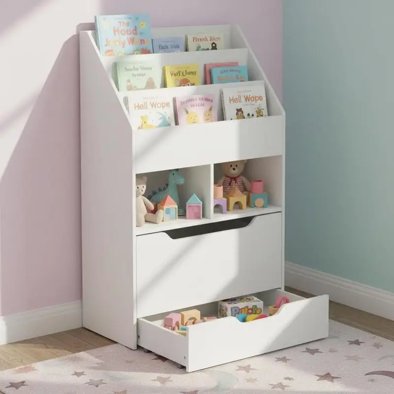 

Kids Bookshelf, Toy Organiser, with Storage Drawer, Wheels - White