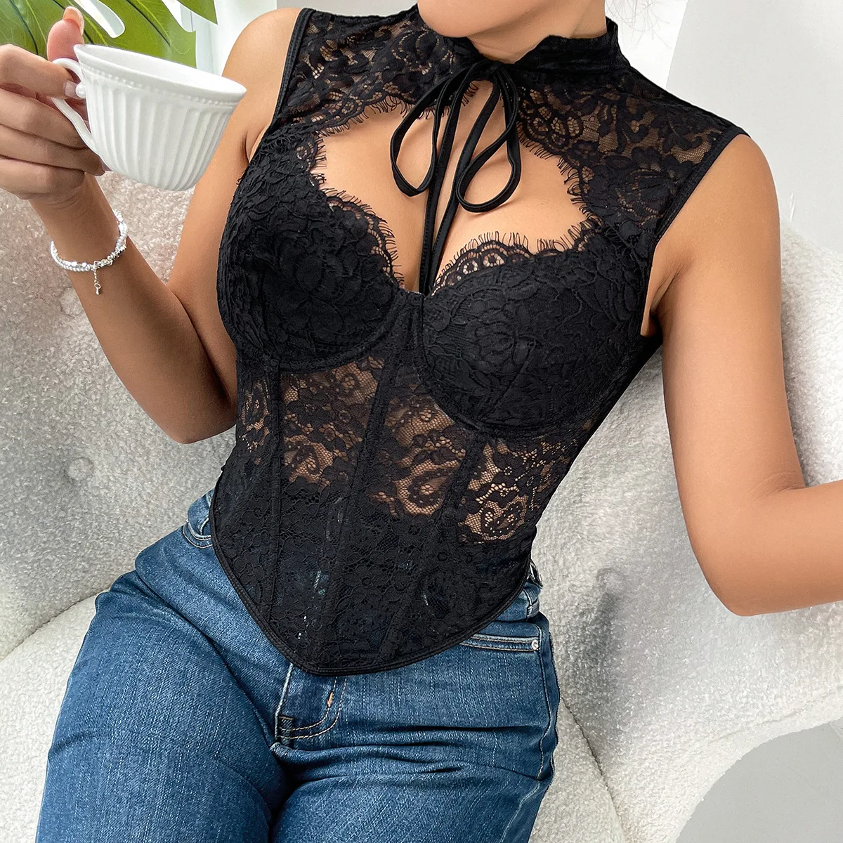 Women Lace Mesh Corset Tops 2024 Summer Fashion Sleeveless Bustier Crop Tank Top Sexy Solid Lingerie Vest Slim Camisole Blouses