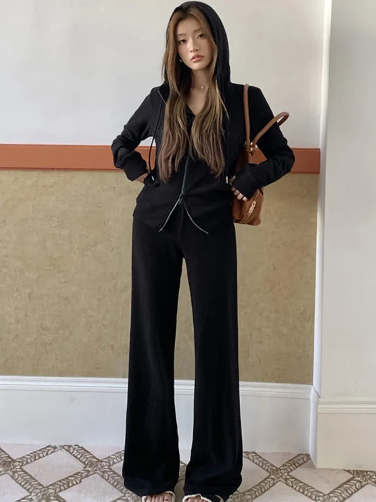 

Autumn Korean Chic Two Piece Set Woman Streetwear Tracksuit Solid Hooded Zipper Coat Wide Leg Loose Pants Casual Basic Suit Set