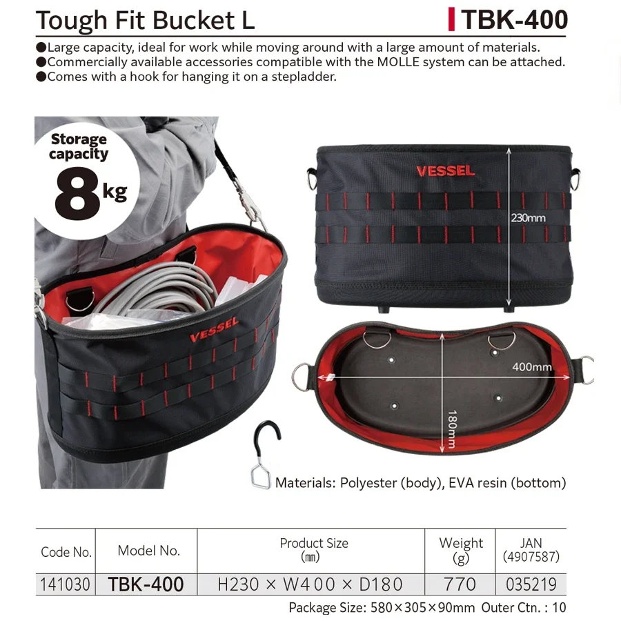 VESSEL TBK-400 Toolkit /Organizer Tool Pouch,Tough Fit Bucket Comes with a Hook for Hanging It On a Stepladder