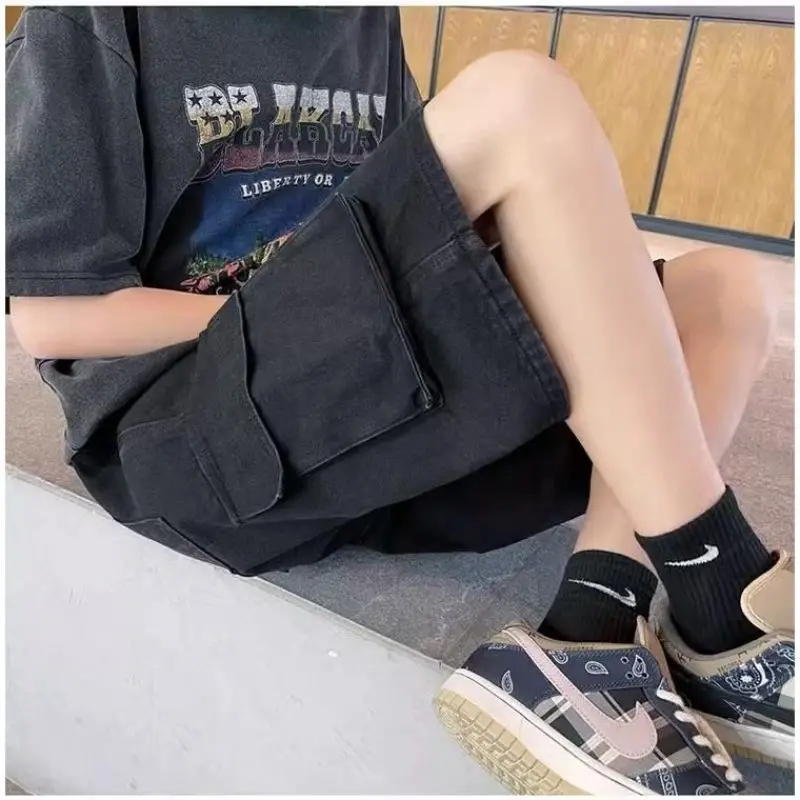 Cargo Retro Trousers 2024 Summer New Men's Elastic Low Waist Casual Patchwork Pockets Drawstring Trendy Loose Jeans Shorts