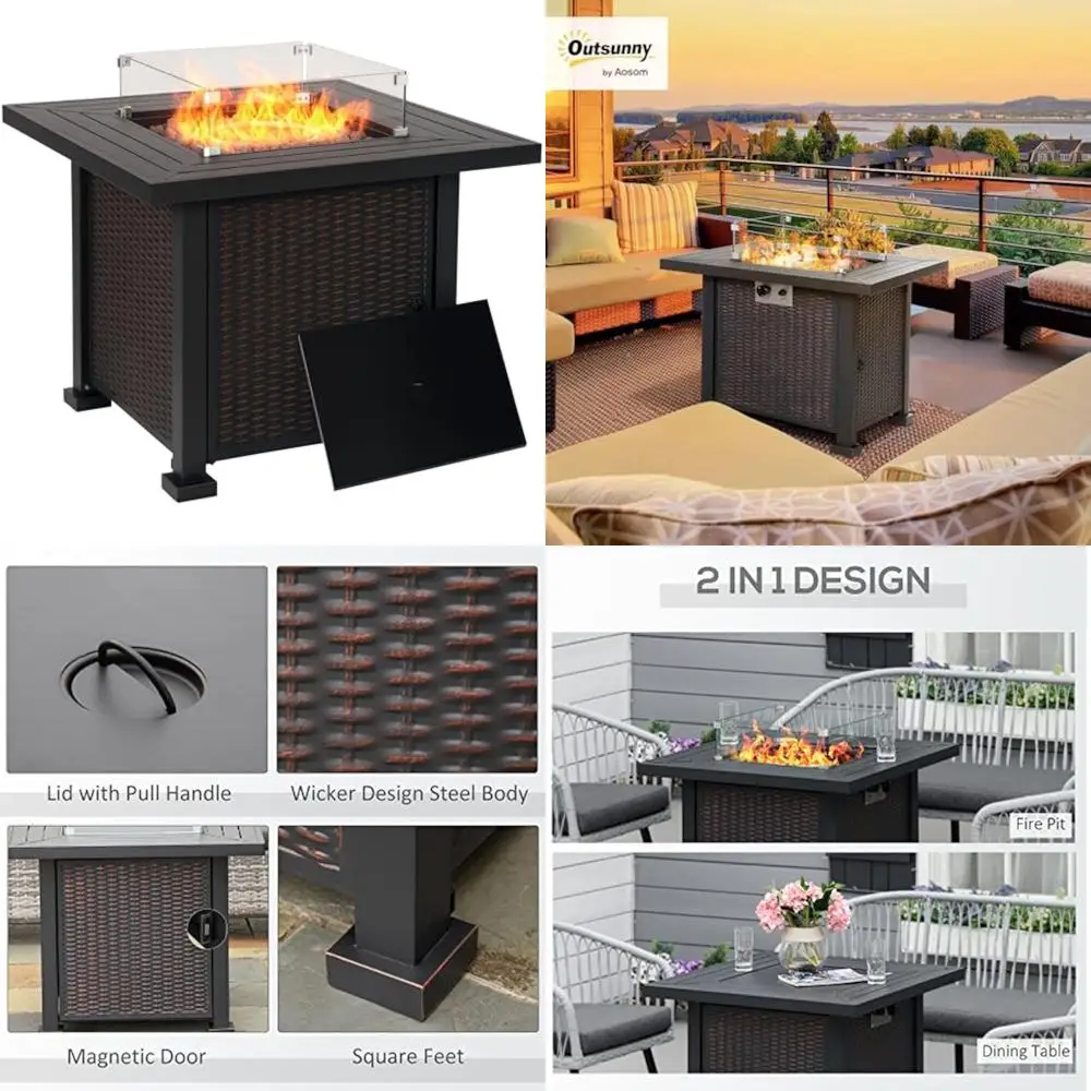 

Square Wicker-Style Outdoor Propane Fire Pit Table with 50,000 BTU Auto-Ignition and Glass Wind Guard
