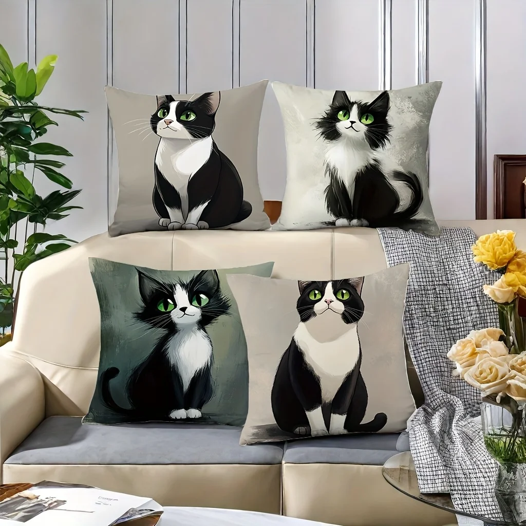 -4pcs set, including cute black and white cat patterns with different expressions. Room decoration, living room decoration, sofa