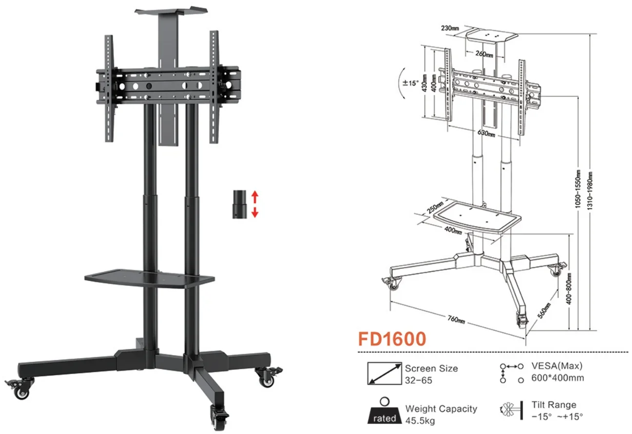 Werkseitige direkte Monitor halterung Lift TV-Bodenst änder mobile höhen verstellbare 32-65 "TV-Wagenst änder TV-Montage wagen