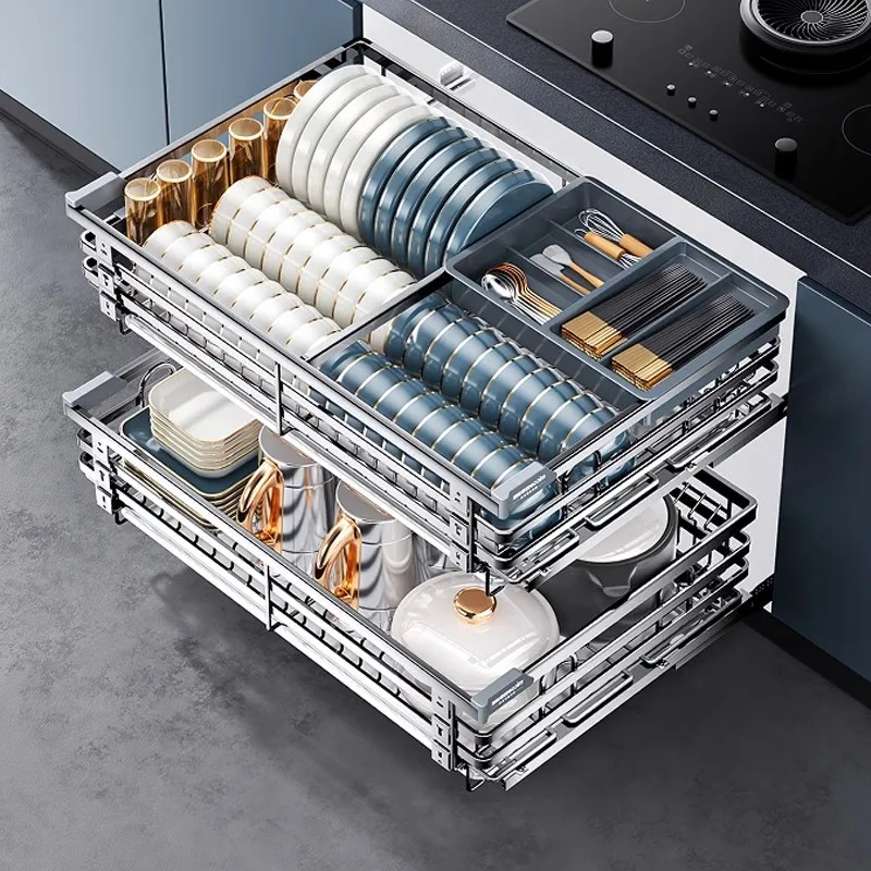 2-Tier Stainless Steel Pull Out Cabinet Organizer Drawer Silent Slide Rail Kitchen Cabinet Storage Plate Bowl Cabinets Storage