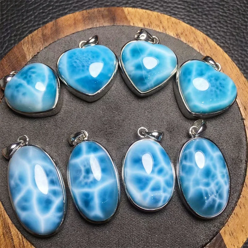 

S925 Natural Larimar Hart & Oval Pendant Fashion Fengshui Crystal Jewelry Holiday Gift Women Healing Energy Stone 1pcs 19-27mm