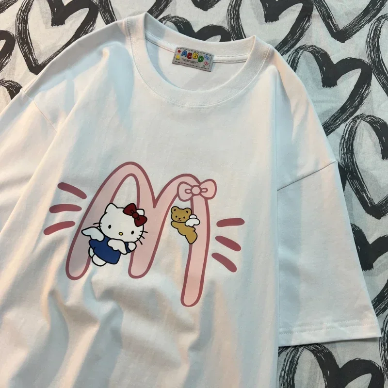أزياء مرحبا كيتي المطبوعة المرأة الصيف تي شيرت القطن الخالص الكرتون قصيرة الأكمام فضفاضة أعلى شخصية الملابس النسائية