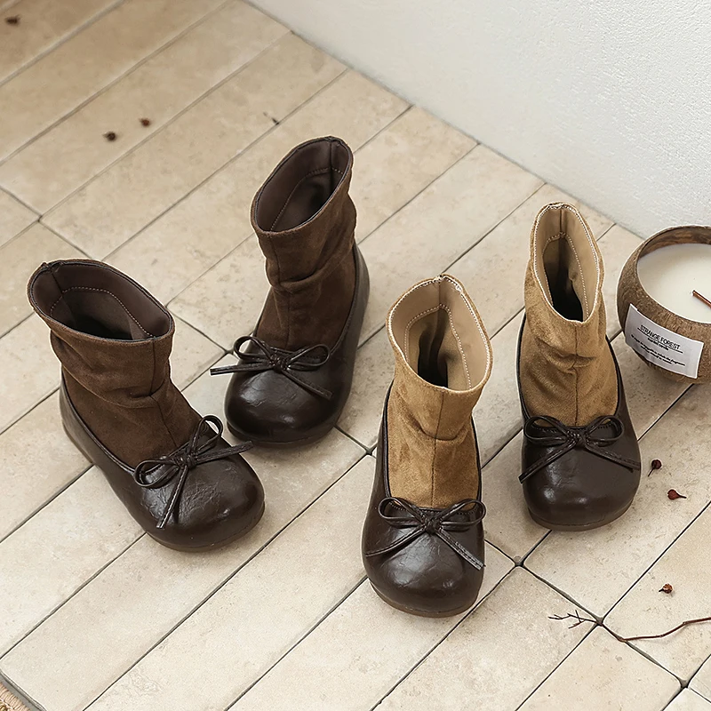 Girls Mid Calf Boots with Bow-knot Children Ankle Boots Soft Sole Non-slip Kids Princess Leather Boots Autumn Winter New