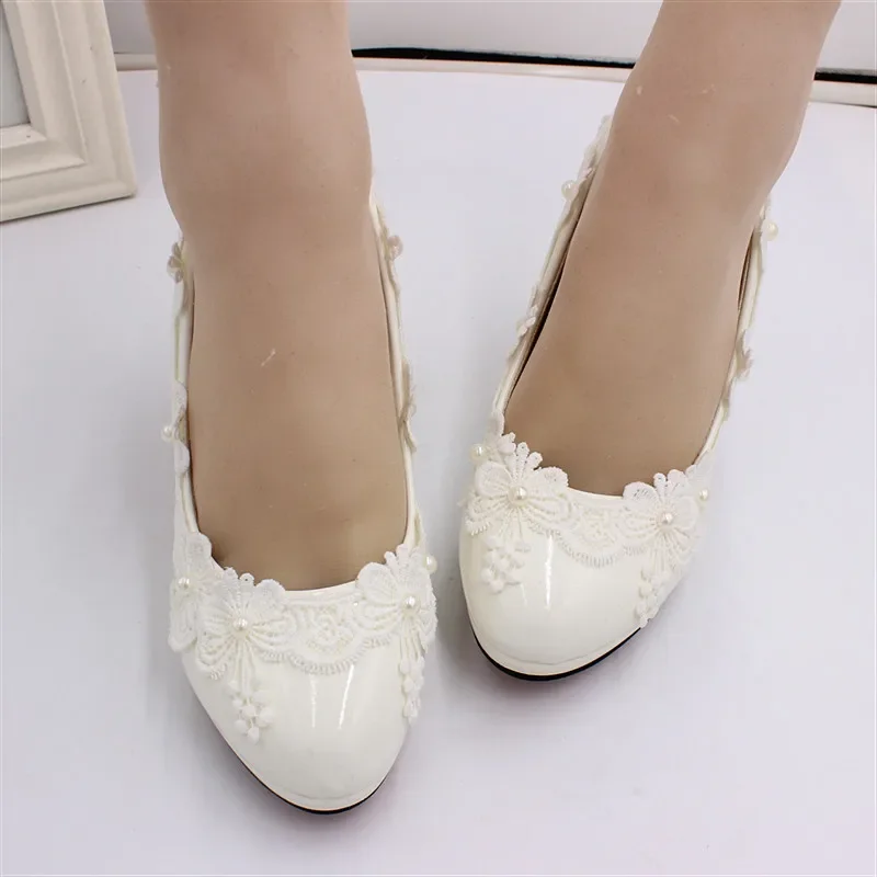 Sexy Pumps Women Wedding PU 8CM Thin Heels Fashion Shallow Pearl Lace Flower Women Party Mule Shoes White