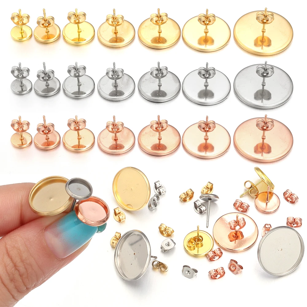 10-20pcs/lot Stainless Steel Blank Earring Base Cabochon Cameo Base Circular Flat Tray Base For Jewelry Making DIY Earrings