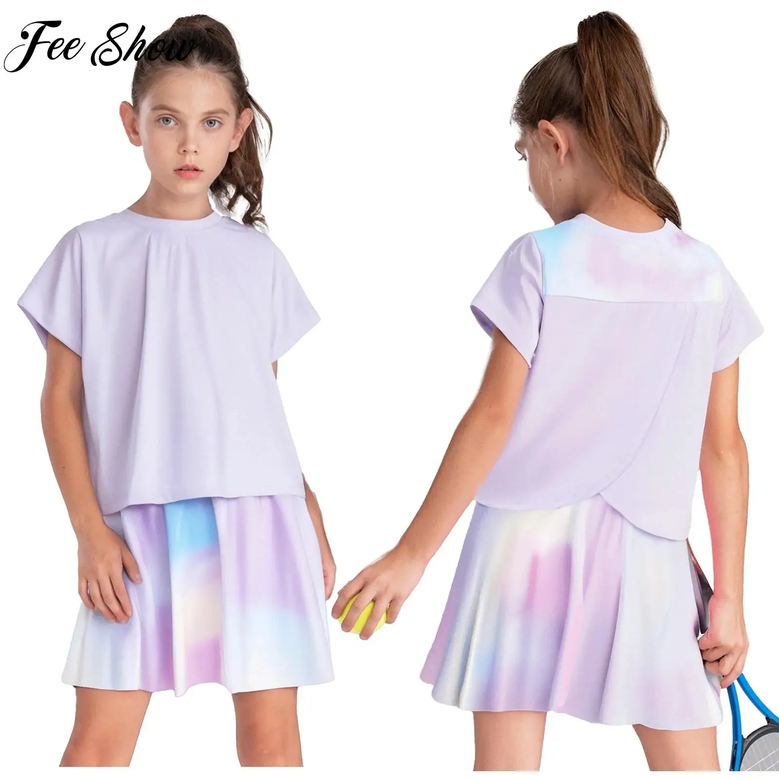 

Child Girl Quick-Drying Sports Set Short Sleeve Wrap Back T-shirt+Tie-Dye Skirt 2-Piece Badminton Tennis Fitness Costume Outfit