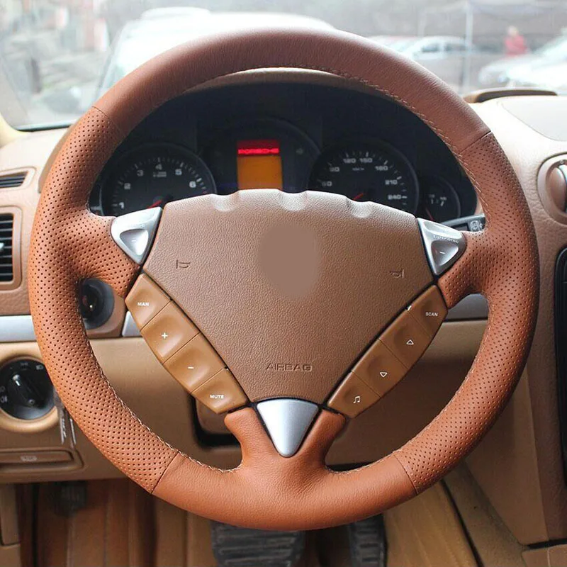 Brown Leather & Brown Thread Steering Wheel Hand Sewing Wrap Cover Fit For Porsche Cayenne  2006-2009