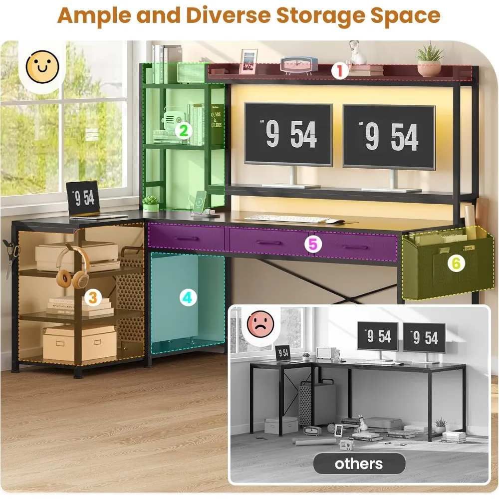مكتب ألعاب على شكل حرف L مع مساحة تخزين، مكتب كمبيوتر 55 زاوية يتميز بقفص وأدراج، تكوين على شكل حرف L قابل للعكس #3