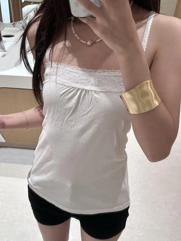 Lace Trim Strapless Tops Women Cotton Soft Slim  White Sexy Sleeveless Camisole Sweet Cute Chic Tank Tops Y2K